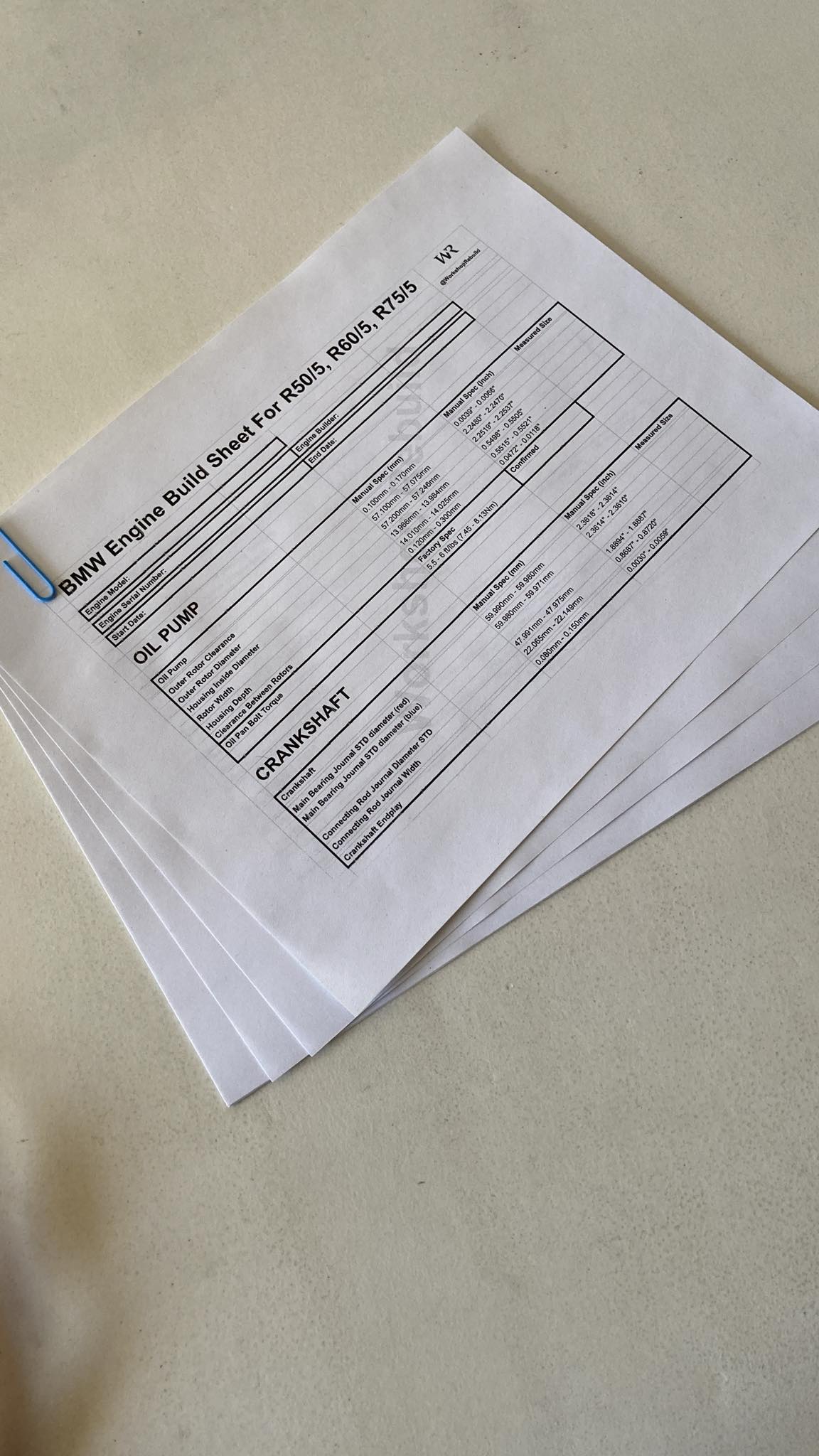 BMW 5 Engine Build Sheet Workshop Rebuild