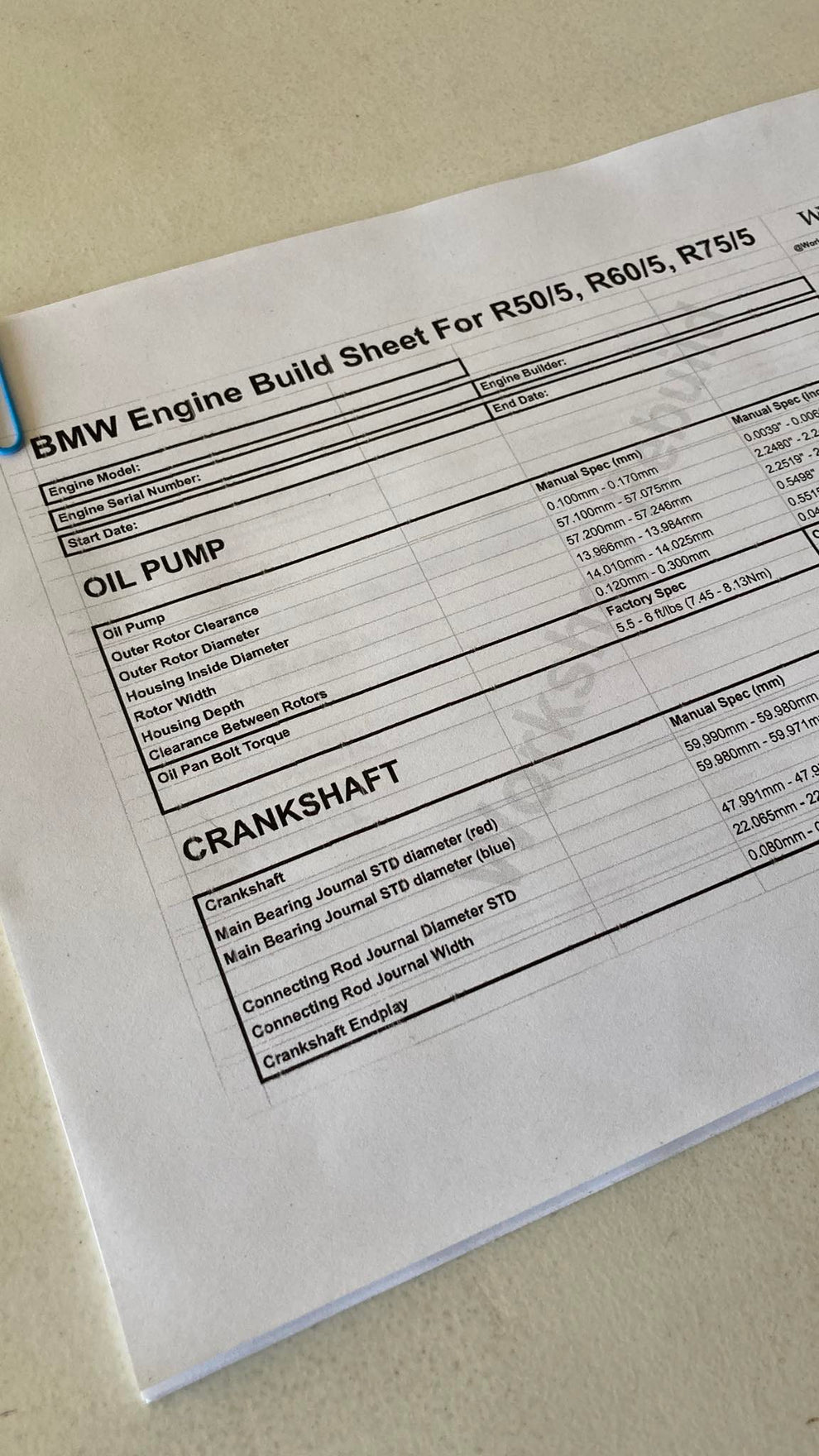 BMW /5 Engine Build Sheet β Workshop Rebuild